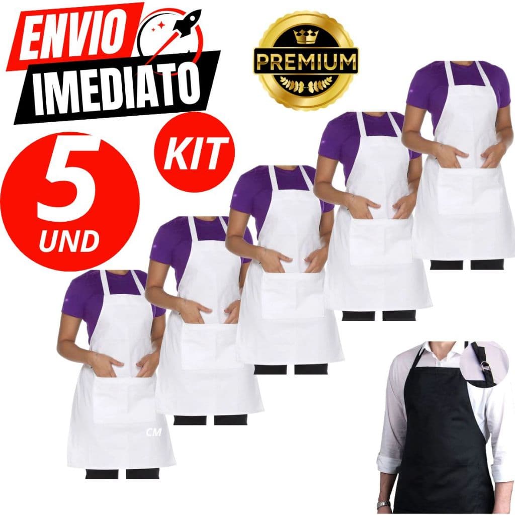 Kit 5 Avental De Oxford Branco Engate Rápido Cozinha Açougueiro Garçom Churrasqueiro Peixaria