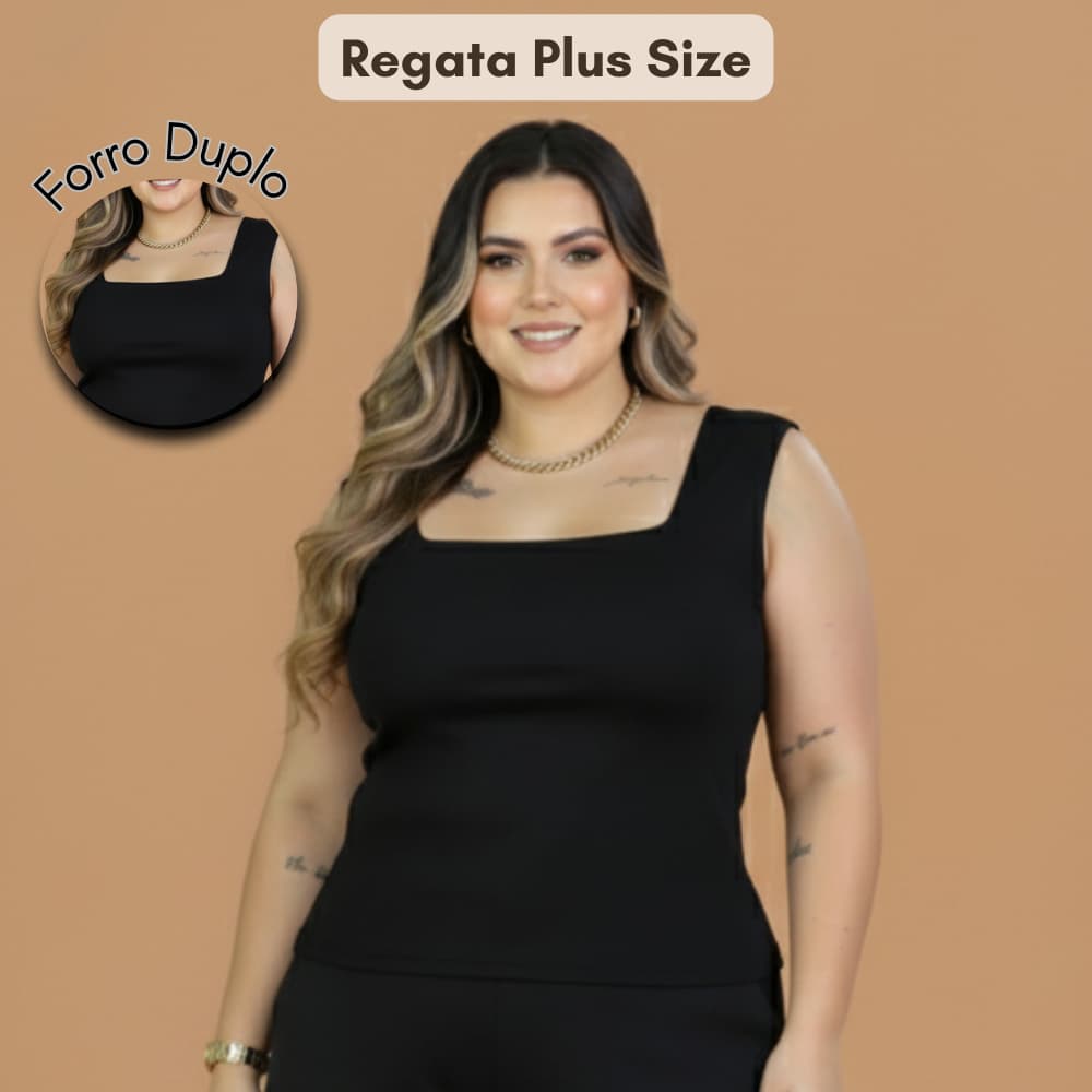 Blusa Regata Feminina Plus Size Decote Quadrado Forrada Elegante