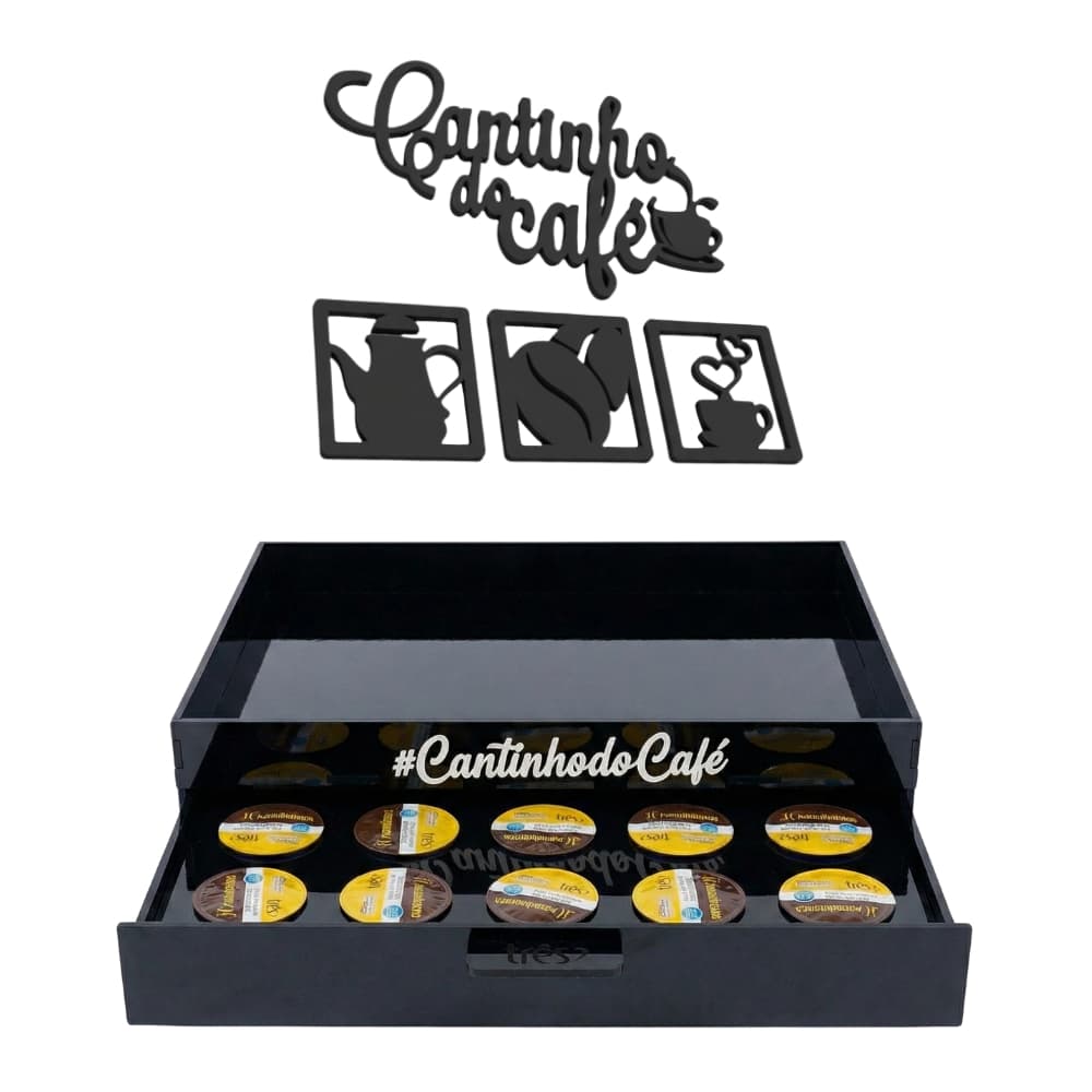Bandeja Três Corações 24 Cápsulas Cantinho do Café Organizador de Cápsulas Madeira Preta Decorativa