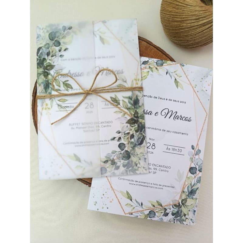Convites de Casamento personalizado com papel vegetal e cordão de rami