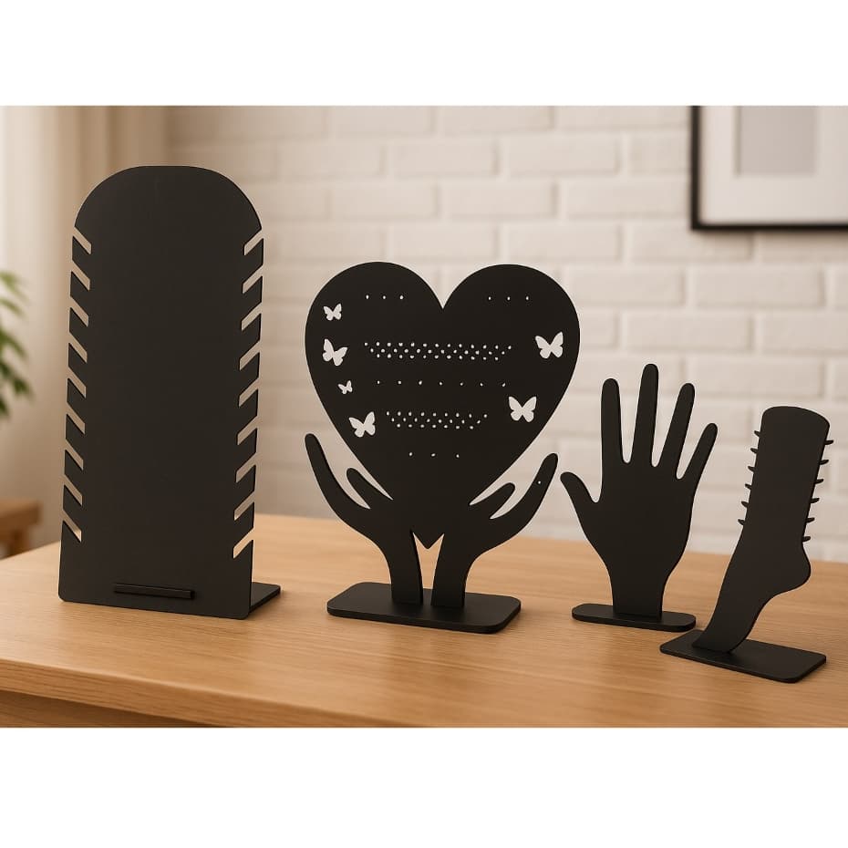 Kit Expositor Bijuterias colar, anel, tornozoleira  e Brincos 4 peças em mdf preto fosco