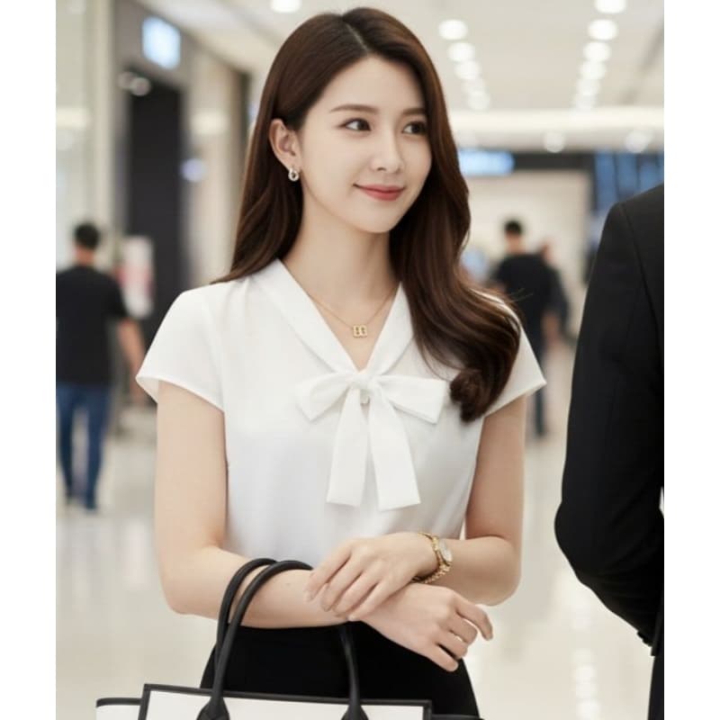 Blusa Camisa Feminina Laço Gravatinha Manga Curta Social Coreana Moda Evangelica Escritório Farda