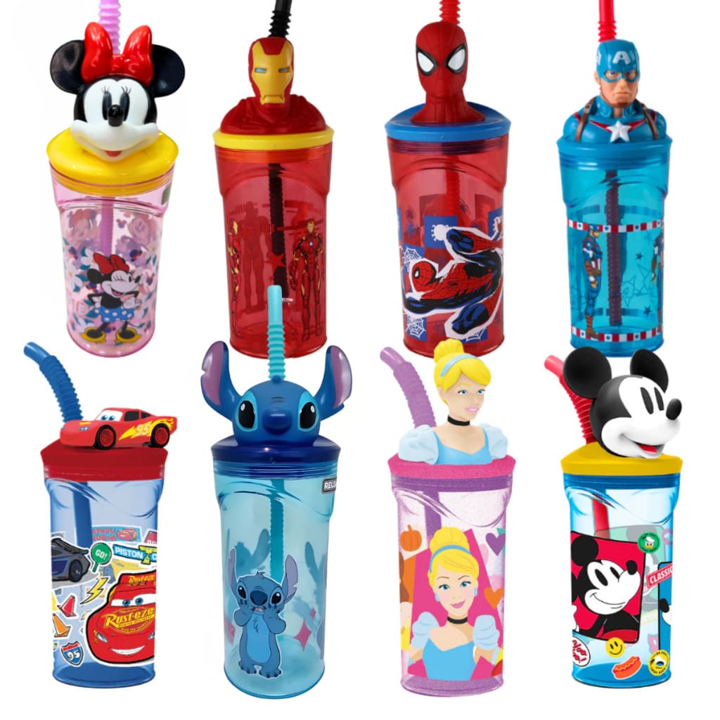 Copo Infantil Disney 3D 360ml Carros, Aranha, Mickey, Minnie, Hulk, Ferro, America, Princesa, Stitch