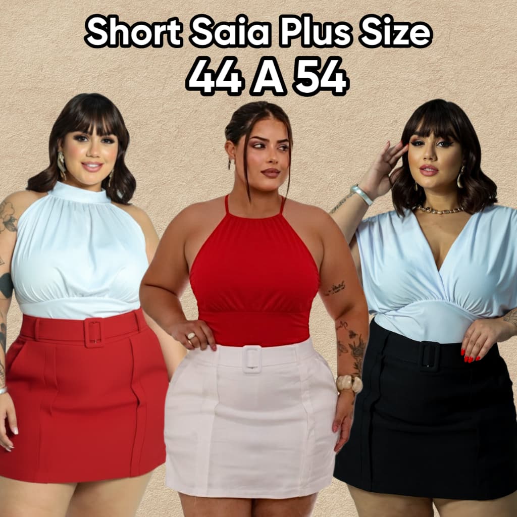 SHORT SAIA PLUS SIZE BENGALINE  CINTO FIVELA FORRADA LOOK PLUS SIZE ELEGANTE 44 a 54