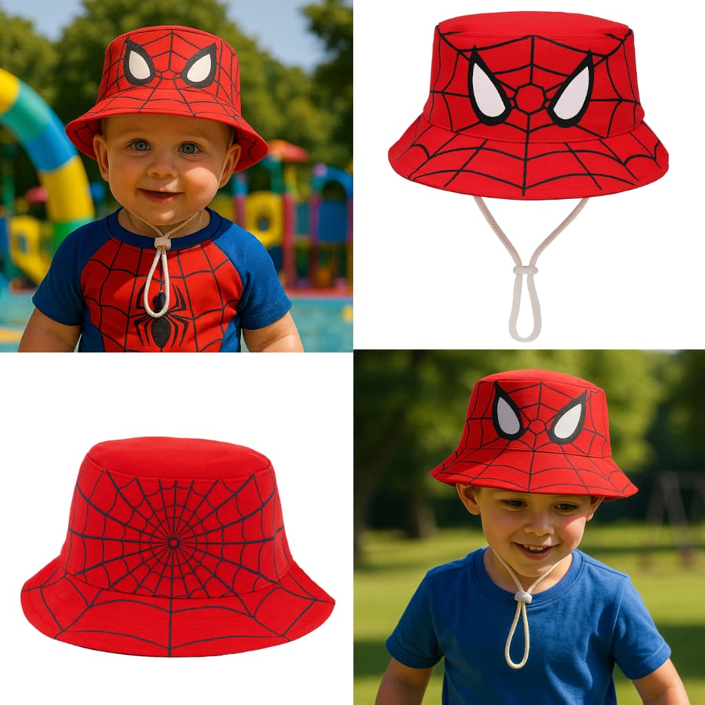 Chapéu Buket Infantil e Bebê Menino Verão Corda Regulagem Homem Aranha De Praia Piscina