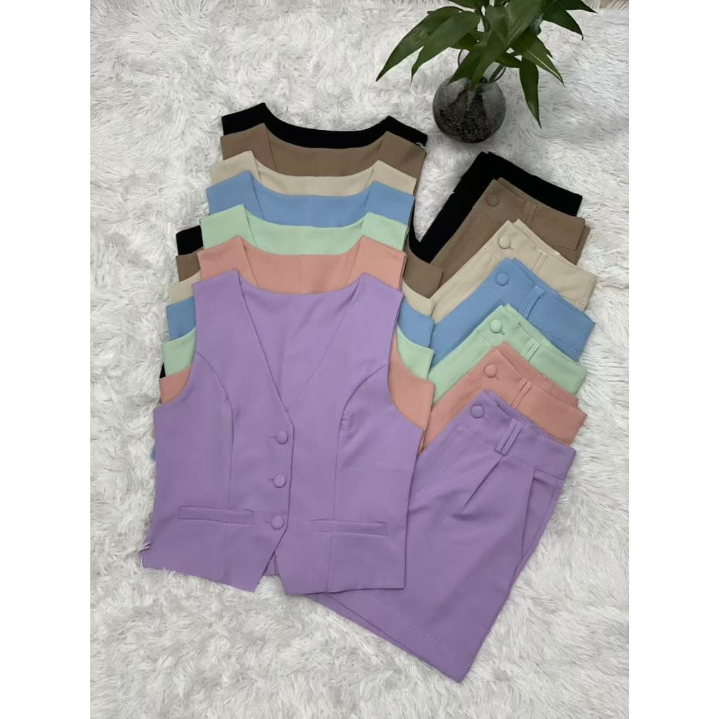 Colete feminino com shorts sociais tecido marrante2051 linlinmoda