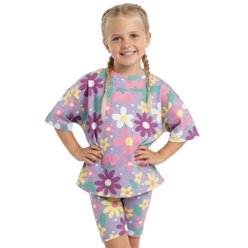 Conjunto Infantil Menina – Camiseta Oversized e Bermuda Biker | Estampados e Cores Lisas (Tam. 2-12)