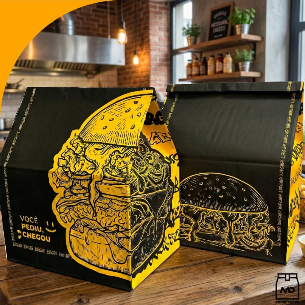 Sacos De Papel Kraft Tamanho M e G Embalagem Delivery  Burguer, Lanches, Salgados, Burger, hamburgueria, hamburguer