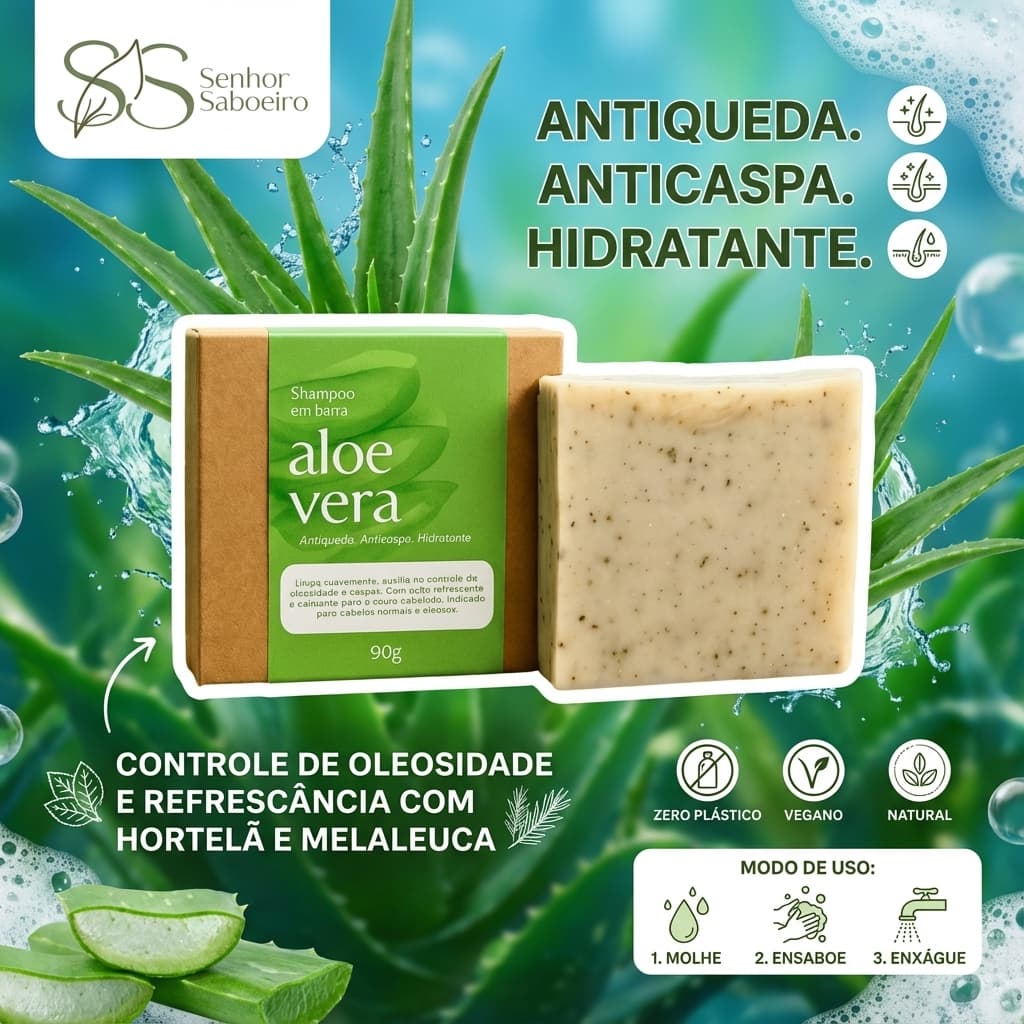 Shampoo Anti Queda Anti Caspa p/ Cabelos Secos Opacos em Barra de Aloe Vera 90g Senhor Saboeiro