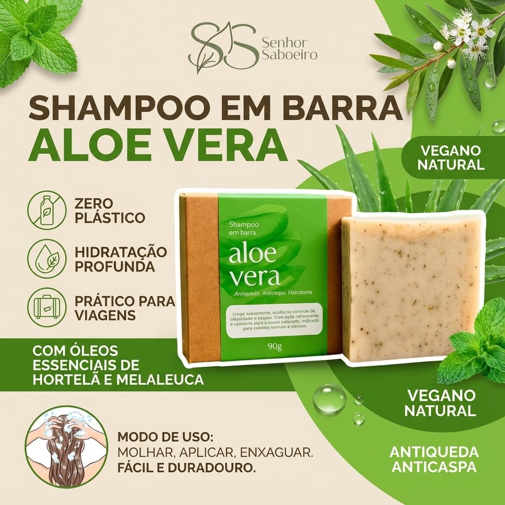 Shampoo Sólido de Aloe Vera - Anti Queda e Cabelos Secos e Crescimento Capilar