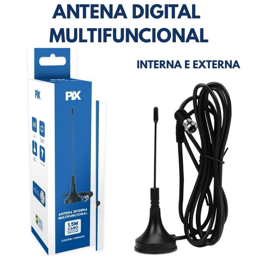 Antena Digital Interna Externa Multifuncional 4K HDTV Sinal Potente Cabo 1,5m