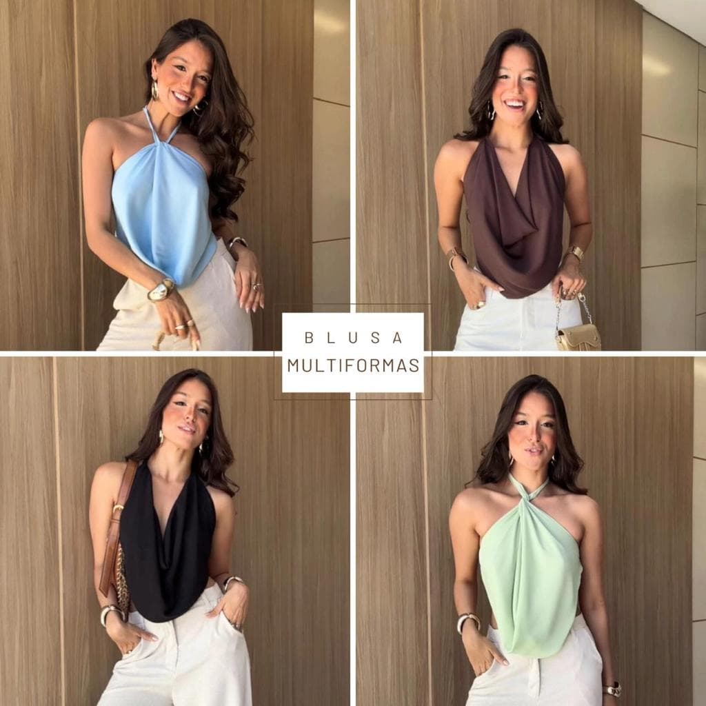 kit 2 Blusas Feminina Multiformas Duna Gola Boba Elegante Estilosa Frente Unica Cropped Amarração
