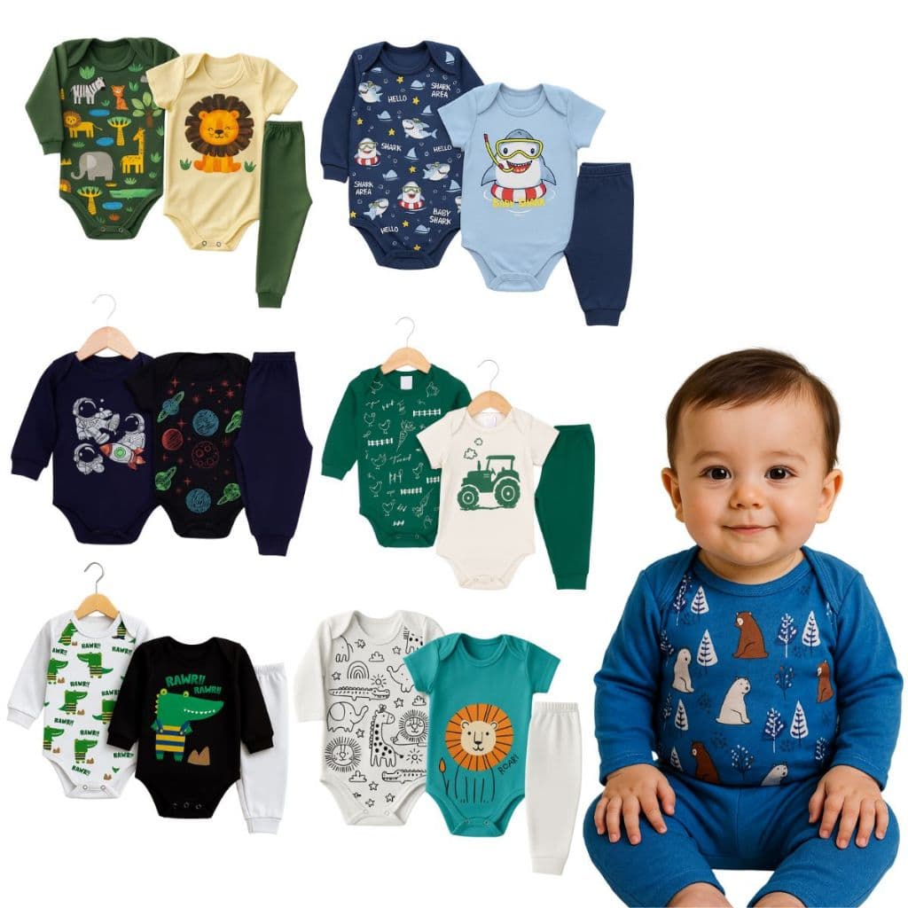 Kit 3 peças Body Bebê Menino Meia Estação Tamanho RN ao GG.