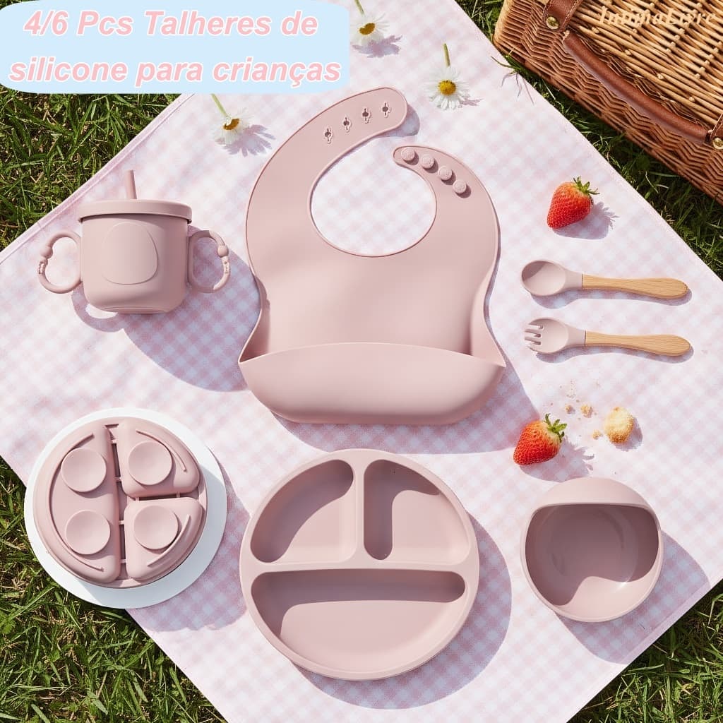 Kit Talheres bebê silicone 4/6 Peças Talheres Infantil Com Ventosa Canudo Colher Babador Garfo