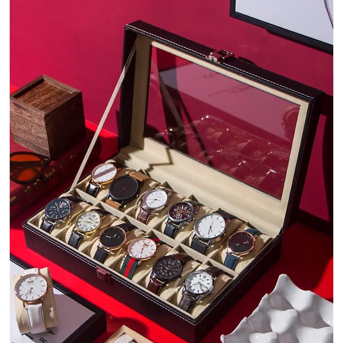 Caixa de relógio de couro ecológica, suporte de relógio de luxo, 6 ou 12 ranhuras