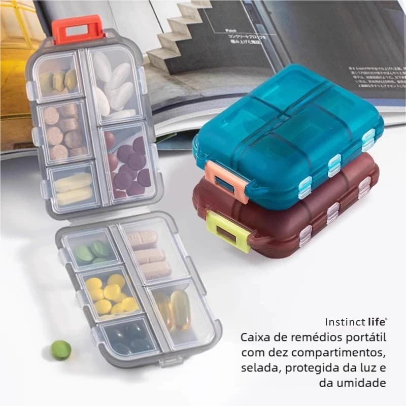 "Mini Caixa De Comprimidos 10 Grades – Tamanho 9.66.4cm, Compacta para Viagem!​ Não ocupar espaço na sua mala ou bolsa!