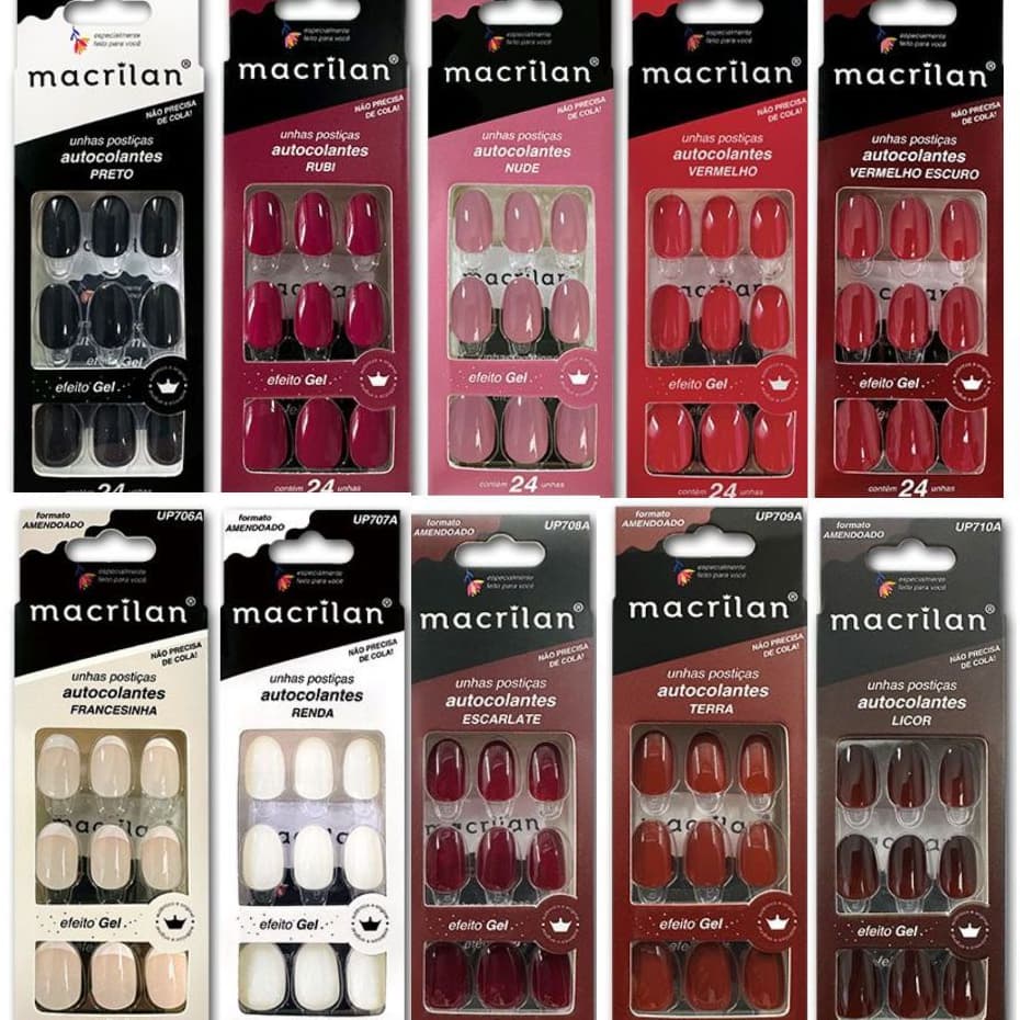 UNHAS POSTIÇAS AMENDOADO AUTOCOLANTE 24 UNID. MACRILAN - ESCOLHA SUA COR E ARRASE!