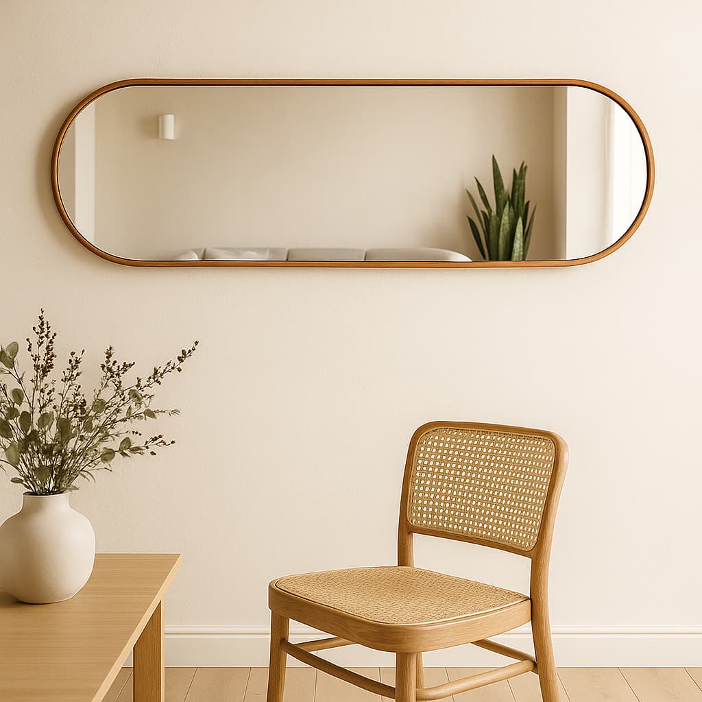 Espelho Decorativo Orgânico Vertical e Horizontal 110x30 cm com Alça em Couro