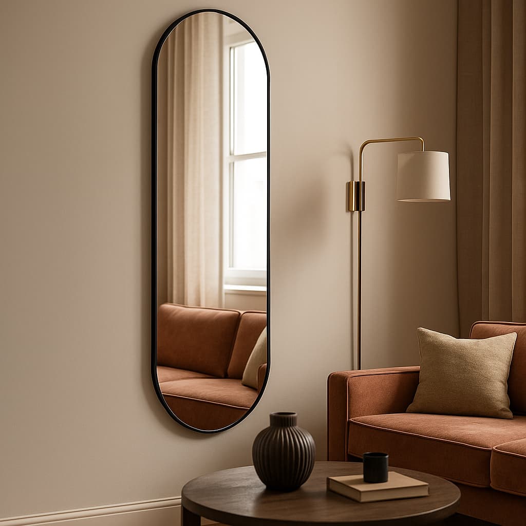 Espelho Decorativo Orgânico Capsula  Vertical e Horizontal 110x30 cm com Alça em Couro Ecologico