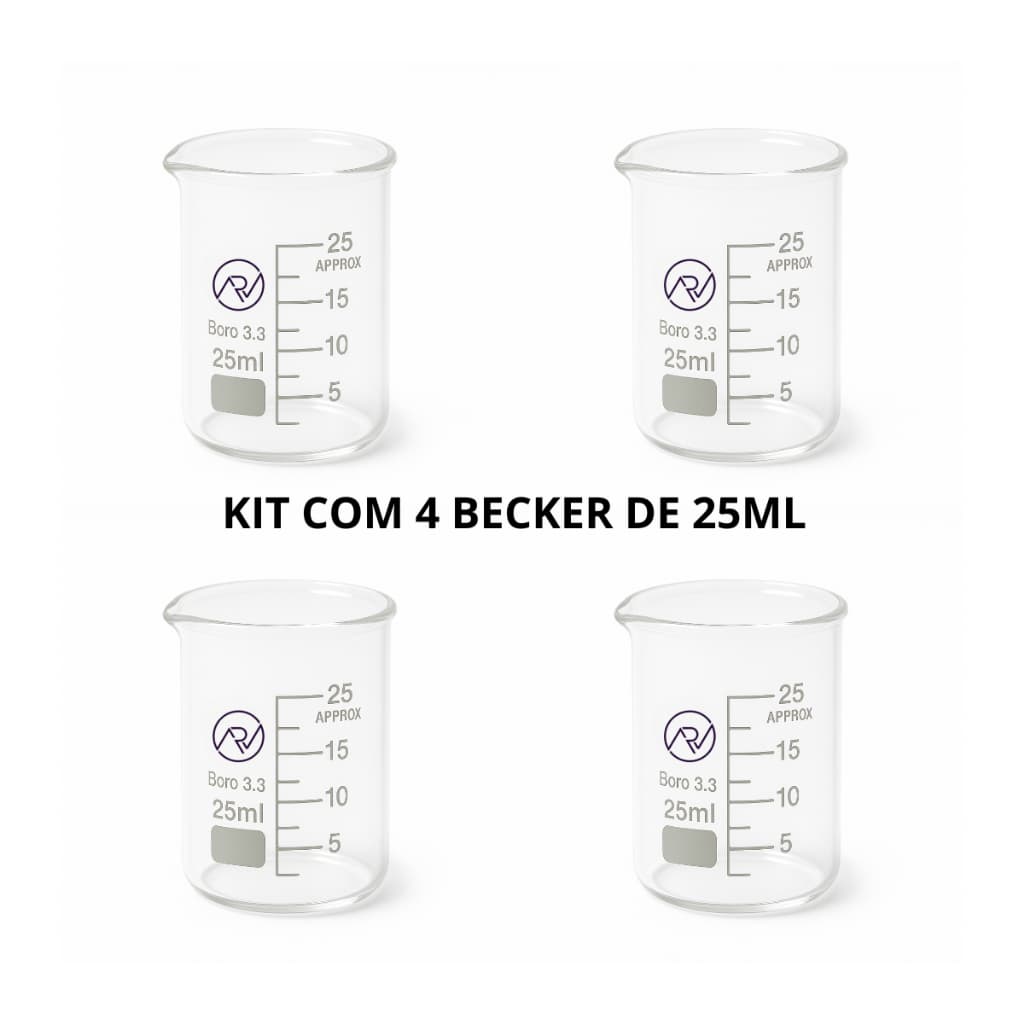 Kit 4 Becker Forma Baixa 25ml Vidro Borossilicato 3.3