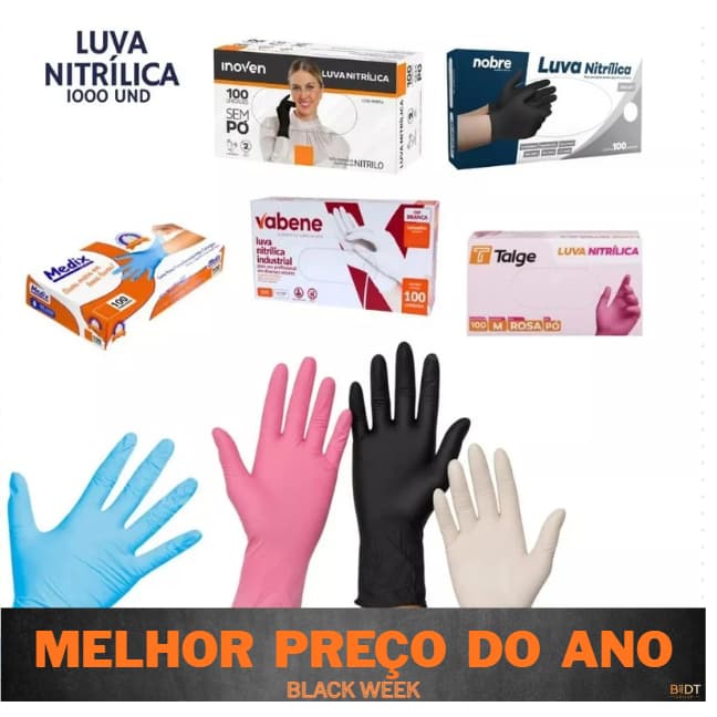 1000 Luvas Descartáveis Nitrílicas Sem Pó Kit Econômico Preta/Rosa/Branca/Azul PP-P-M-G