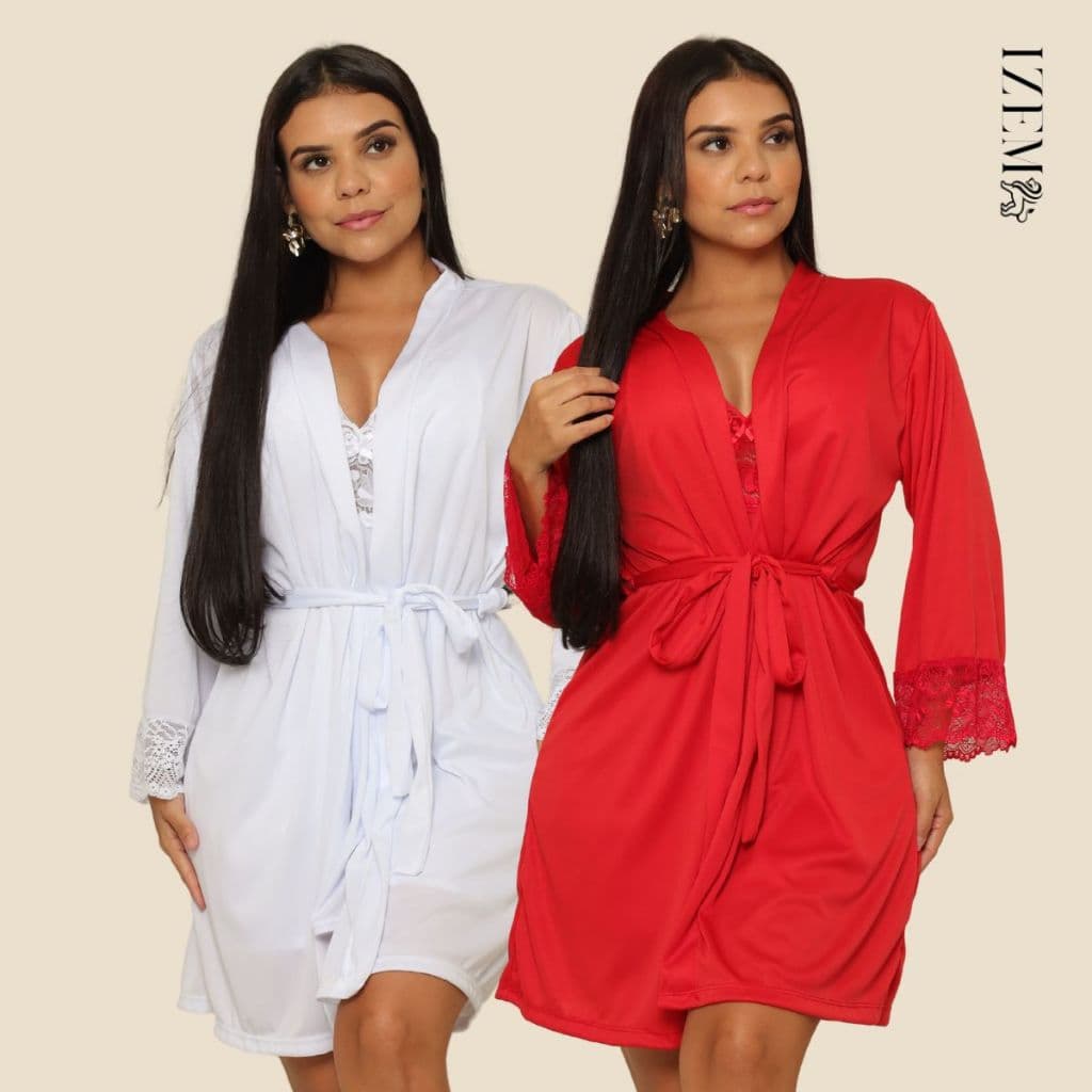 Kit 2 Roupões Robes Feminino Manga 3/4 Renda Curto