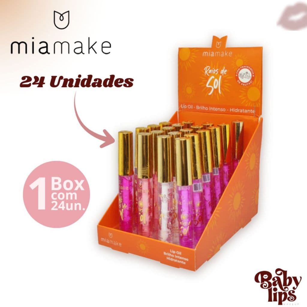 Box c/ 24 Lip Oil Gloss Hidratante Raios de Sol Mia Make Atacado