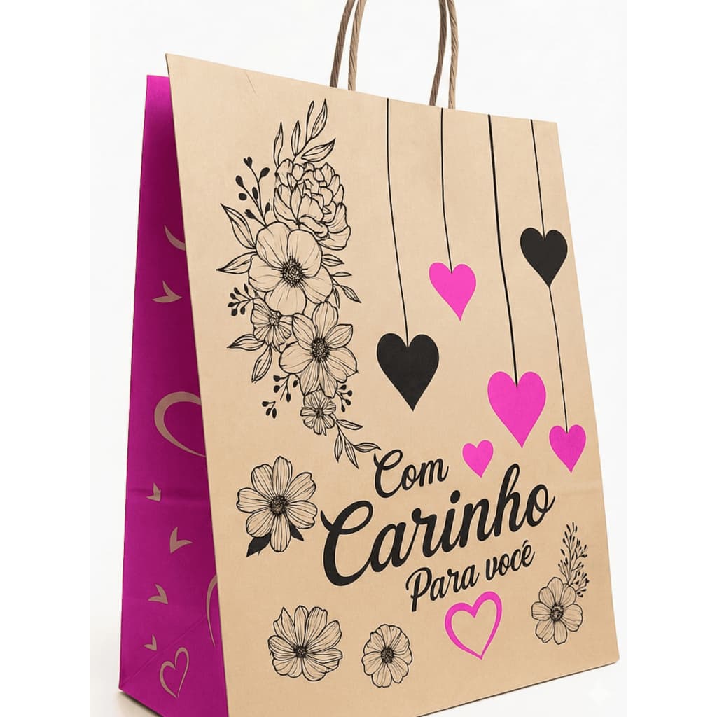Sacola de Papel Kraft M (22x12x34) personalizada com carinho para você Pink e Preto
