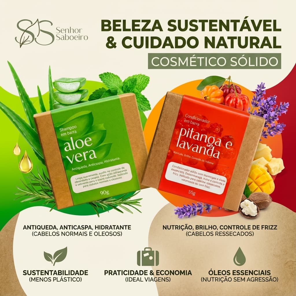 Kit Shampoo Sólido Aloe Vera e Condicionador Pitanga - Anti Queda Hidratação Intensa Cabelos Secos