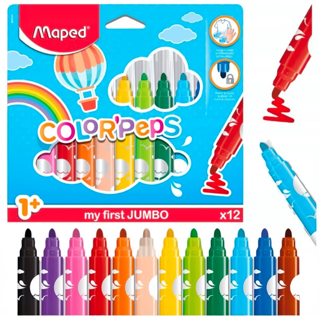 Canetinha Hidrocor Jumbo 12 Cores Atóxica Educativa e Perfeita para Primeira Infância Maped