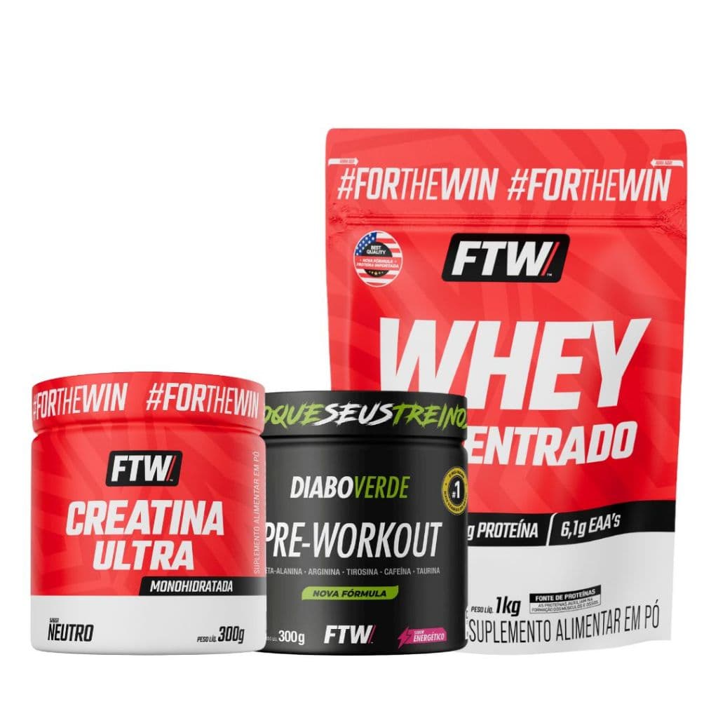 Kit Whey Concentrado Refil 1kg FTW + Creatina Ultra 300g + Pré-treino Diabo Verde Enérgetico 300g