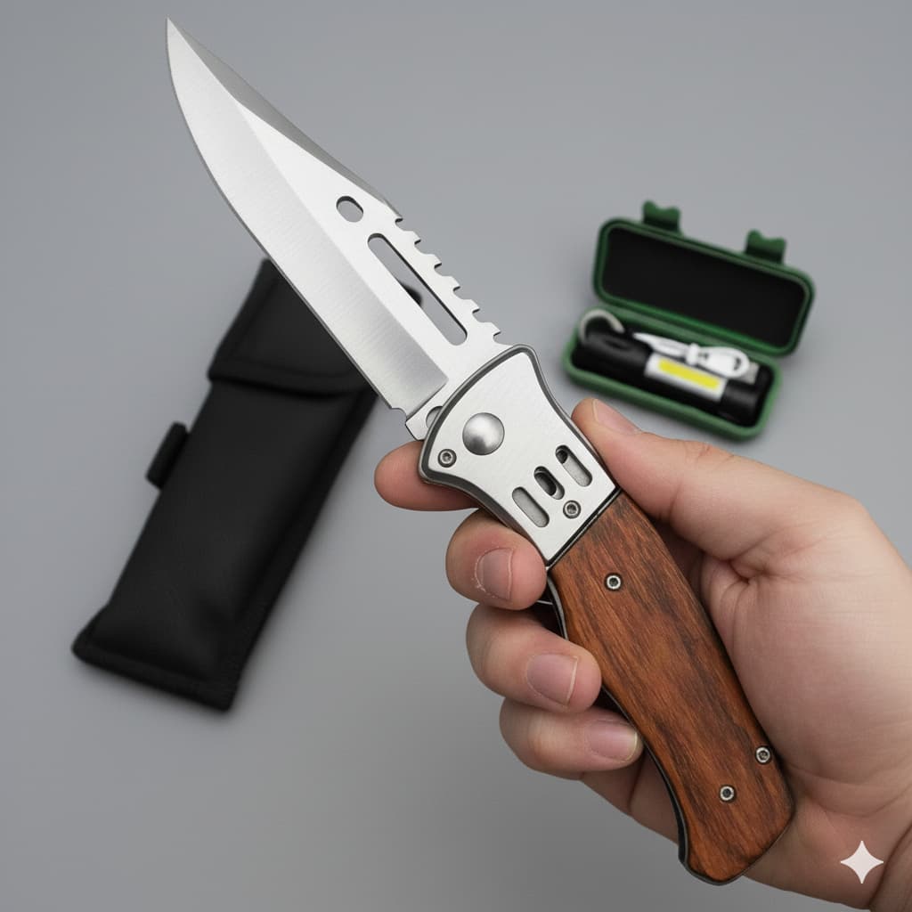 Kit Canivete de Madeira Aço Inox Dobrável Automático + Mini Lanterna +Bainha Tático de Bolso Camping
