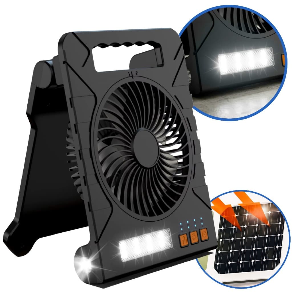 Ventilador Power Bank Recarregável Energia Solar Com Lanterna De Led E Desligamento Automático