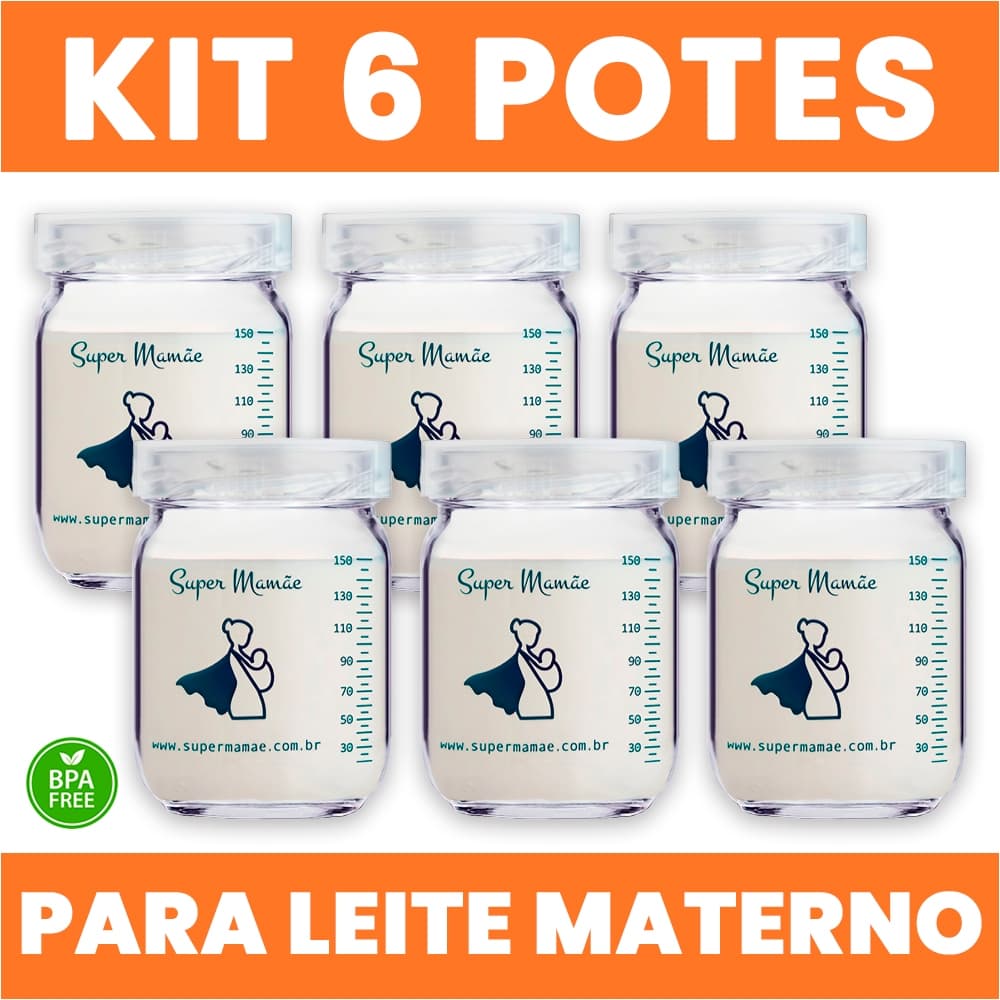 Potes de Vidro 150ml para Leite Materno – Kit com 6 Unidades Tampa Plástica e Graduação Super Mamãe