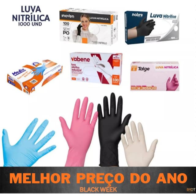 1000 Luvas Nitrílica Descartável Sem Pó - Tam. PP/P/M/G