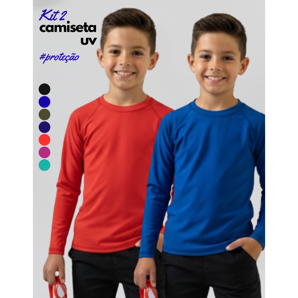 Kit 2 Camisetas Manga Longa UV Infantil Proteção Solar Conforto Alta Qualidade