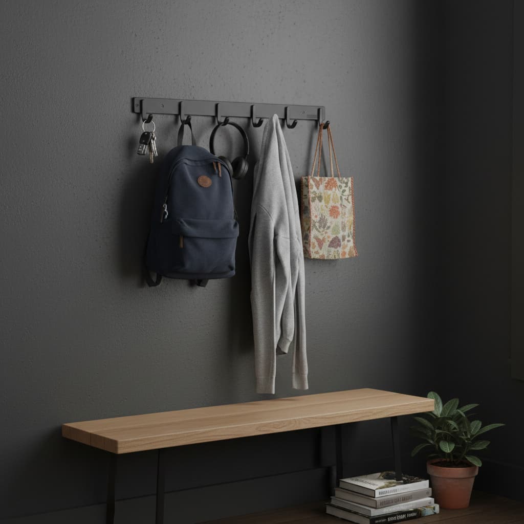 Suporte Gancho Metálico Preto  e Aço Minimalista Organizador de Parede p/ Entrada Banheiro Closet 1/2 Peças