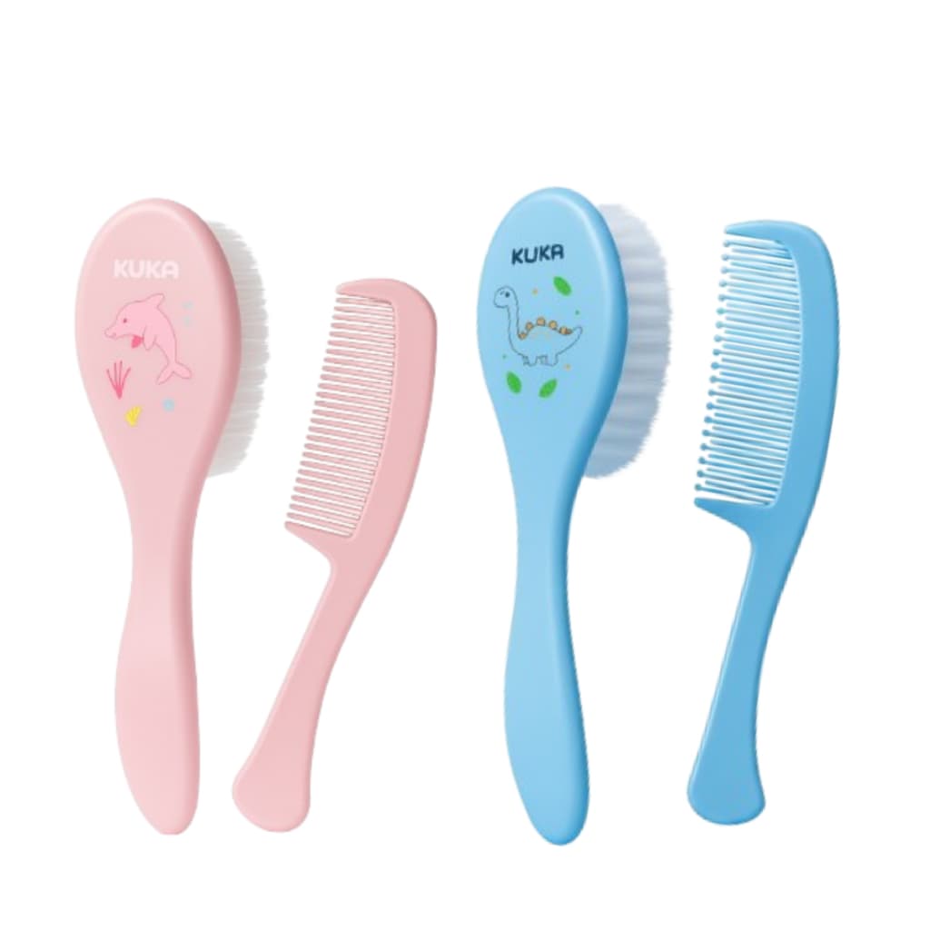 Kit Escova e Pente para Bebê Cerdas de Nylon Macias Pontas Arredondadas Kuka Rosa Azul