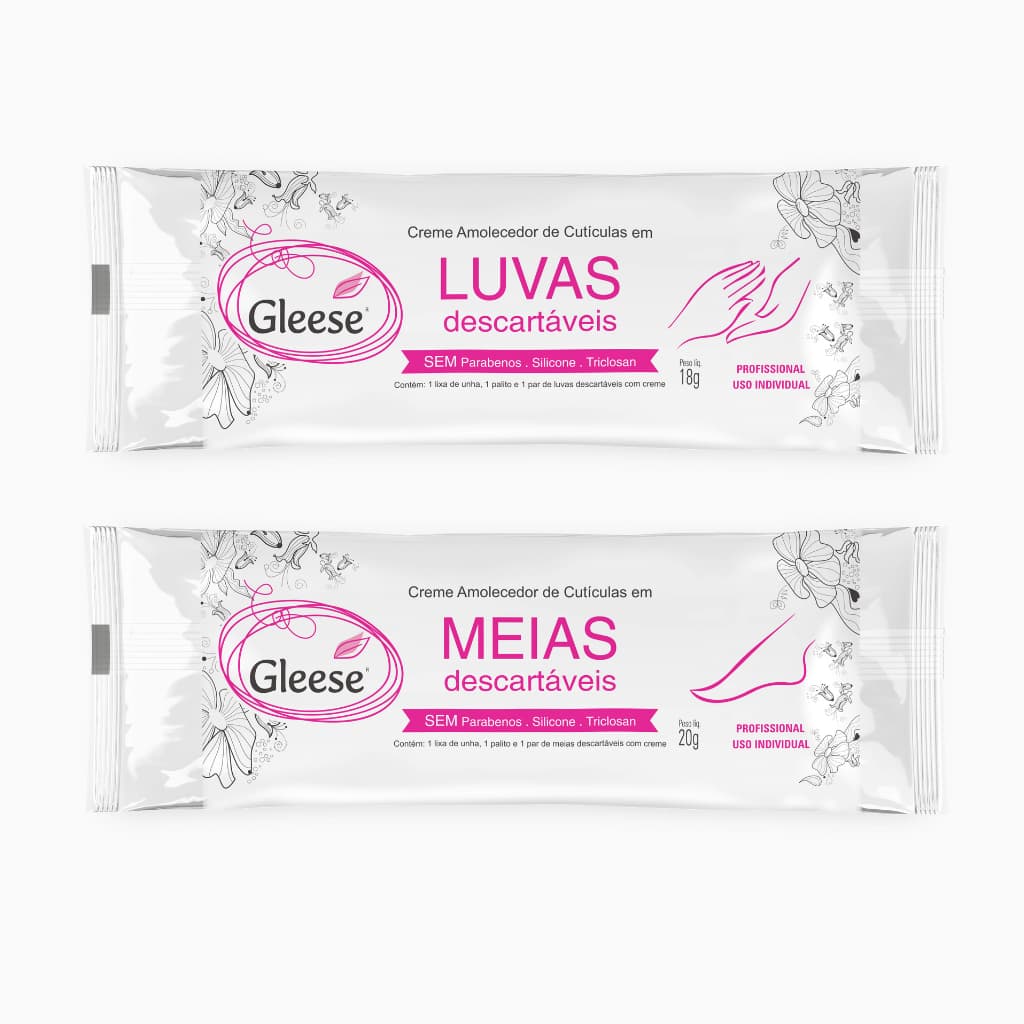 Luvas e Meias Descartáveis c/ Creme Emoliente Gleese + palito + lixa (25 Luvas + 25 Meias)