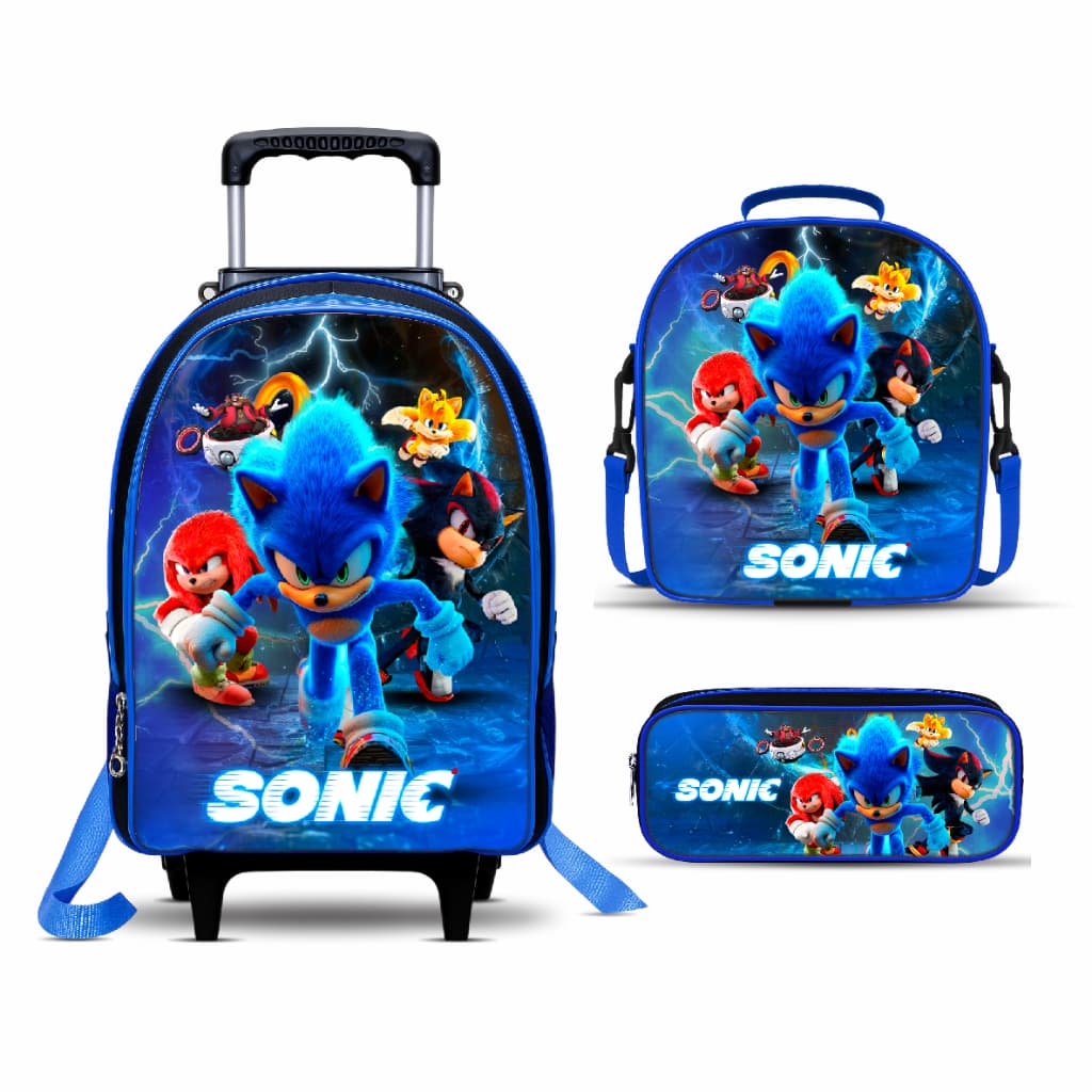 Mochila Escolar Sonic com Lancheira TÉRMICA e Estojo BOX - Rodinha - Menino - Reforçada
