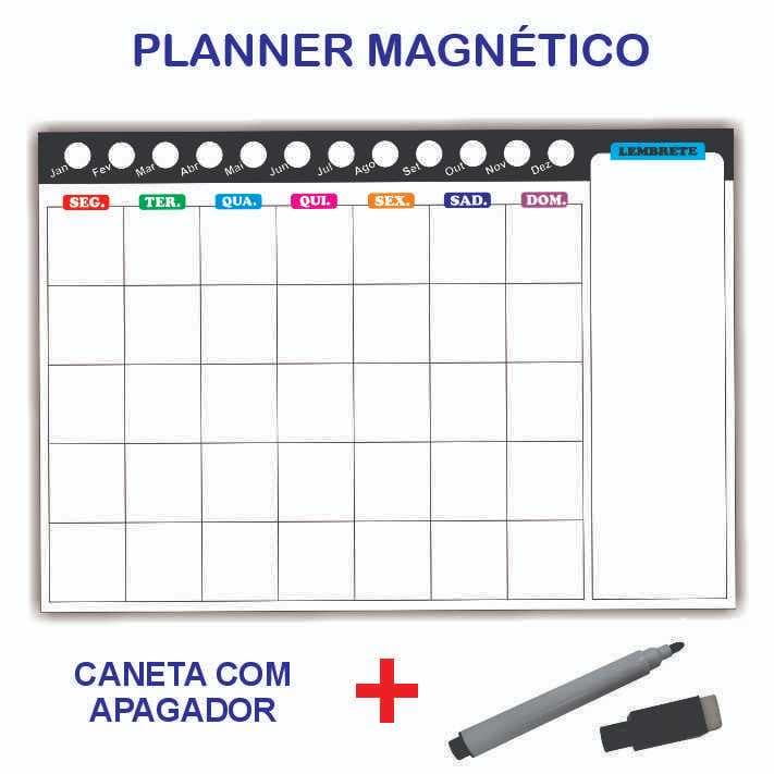 Imã de Geladeira Planner Mensal com Caneta Escreve e Apaga Magnético