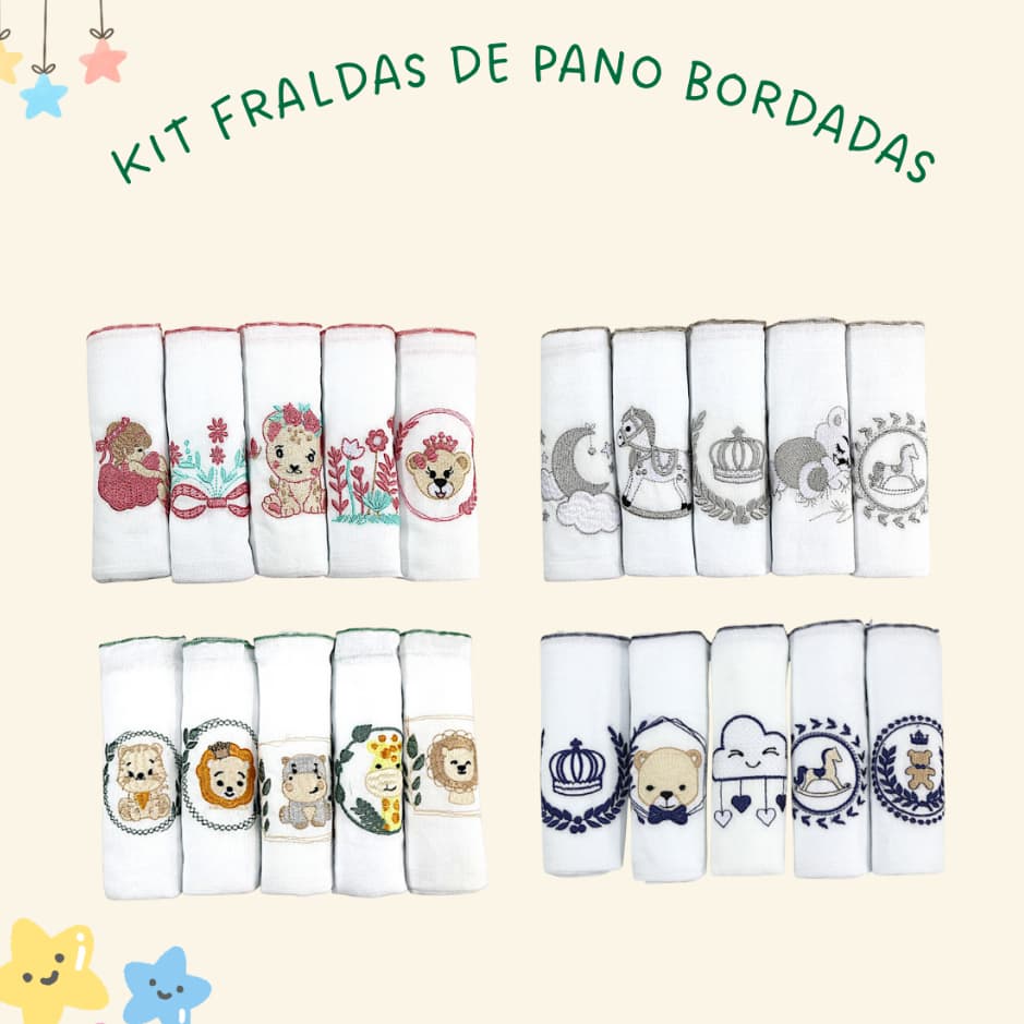 Kit Fralda De Pano Bordada 100% Algodão Tecido Duplo Fraldinha de Ombro para Amamentação Bebê 70cm
