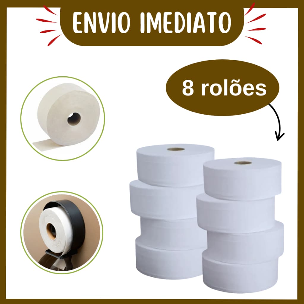 Papel Higiênico Rolo Jumbo Kit com 8 Unidades 300m Branco Alto Fluxo - Envio Imediato