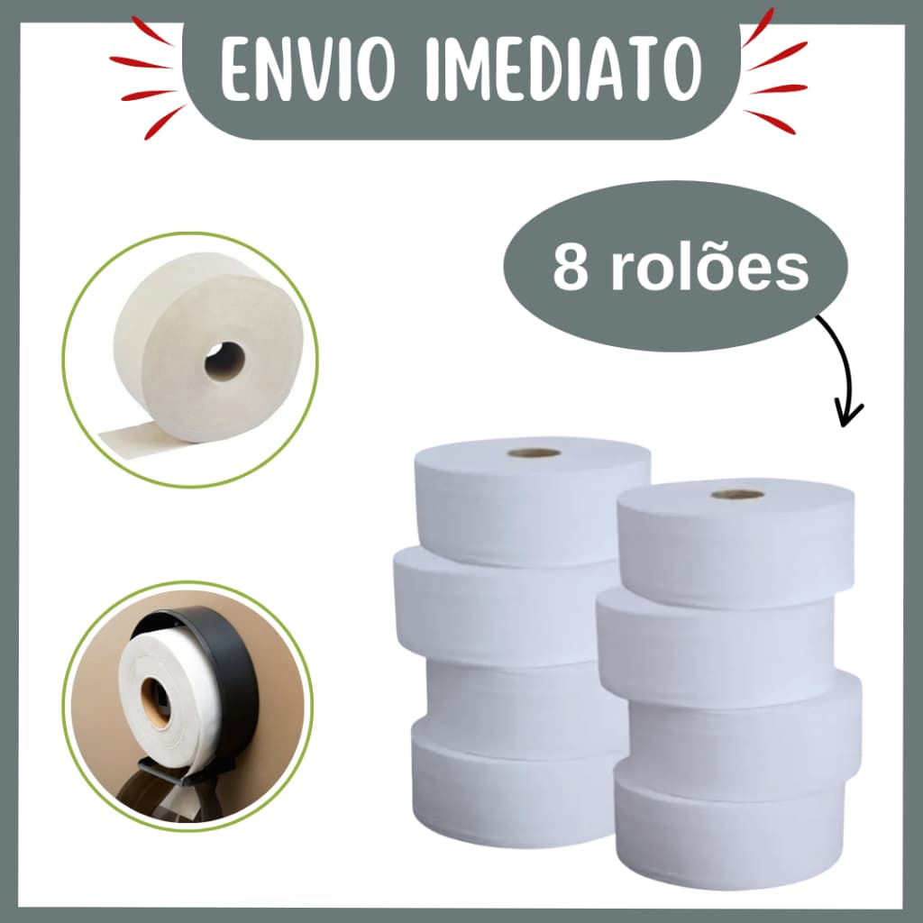 Papel Higiênico Rolão Gigante Kit com 8 Rolos 300 Metros Uso Comercial - Envio Imediato