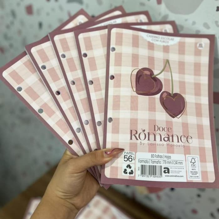 Refil Caderno Argolado Colegial com Cheirinho 179mmx241mm Kit com 5 ou Unidade 80 Folhas Doce Romance Escolar