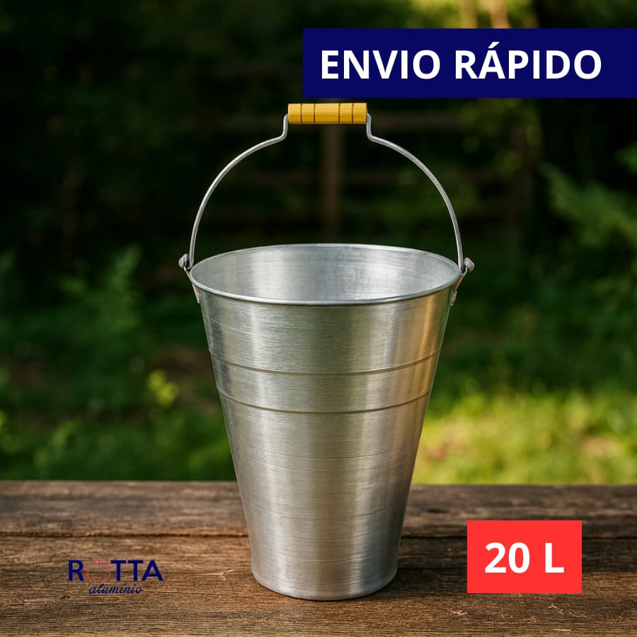 BALDE GRANDE 20 L ALUMÍNIO POLIDO RESISTENTE ALÇA DE MADEIRA PARA LEITE LIMPEZA REFORÇADO ALUMÍNIO GROSSO PROFISSIONAL