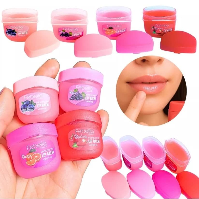 Kit 4 Lip Balm Vaselinas Hidratante Febella Morango Uva Cítrico e Blue Berry Cheiro de Bubaloo