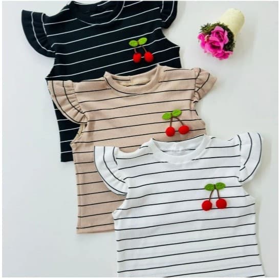 Blusinha Infantil listrada com detalhe Cereja 🍒 manga babado Moda Blogueirinha tam. (2 ao 14)