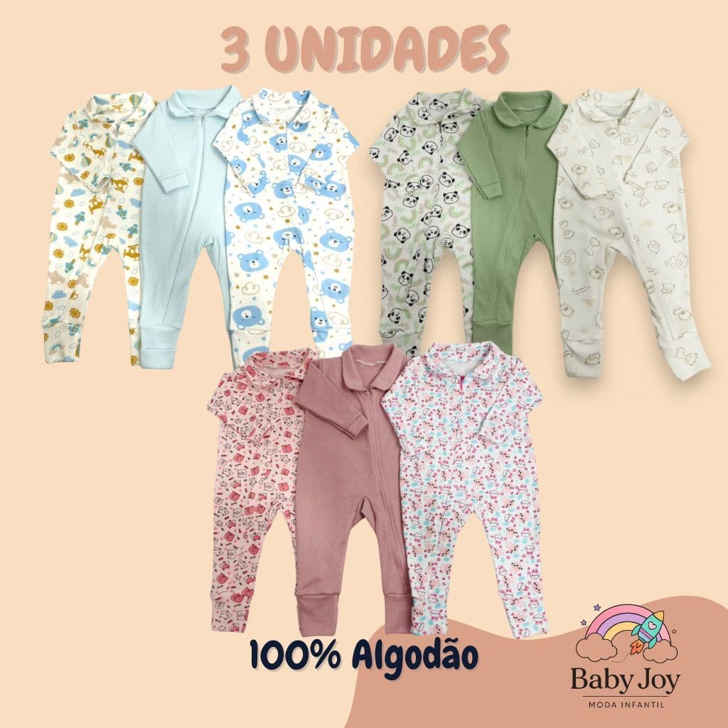Kit 3 Macacão Longo Bebê Ribana Estampada Algodão com Zíper Menina Menino Enxoval Maternidade