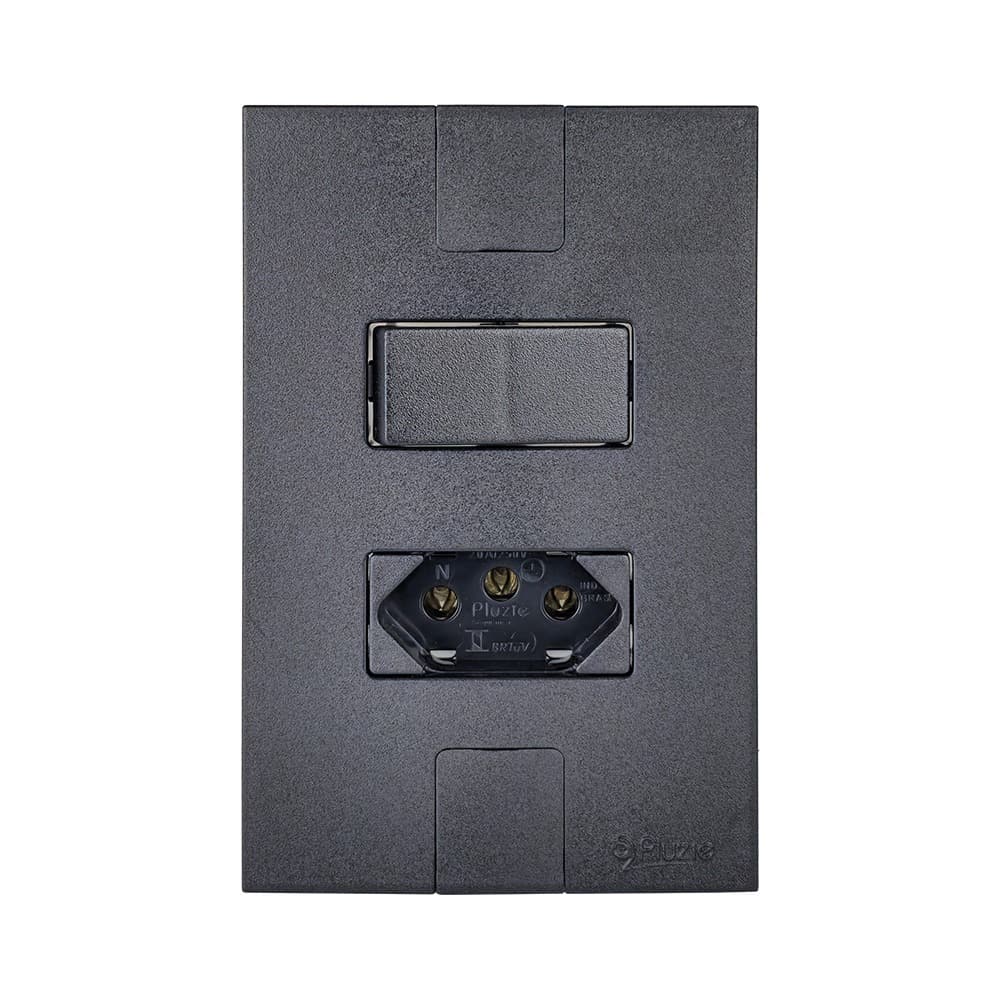 Kit 5 Interruptor Simples + Tomada 20A 2p+t 250v Placa 4x2 Linha Caprice Preto Fosco Pluzie